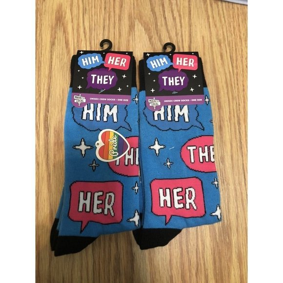 Main And Local Unisex Crew Socks Pride Him Her They Pronouns One Size 2 Pair NEW - Picture 1 of 3